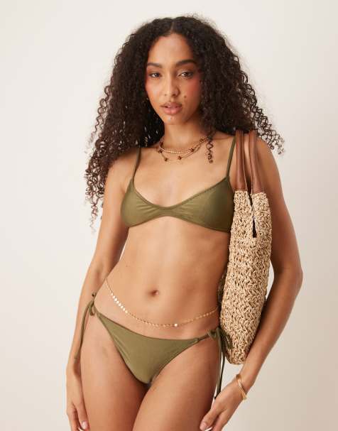 Mango micro bikini top in olive green - view 1