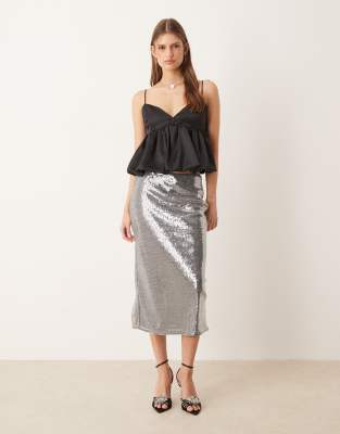 Mango Micro Sequin Midi Skirt In Silver