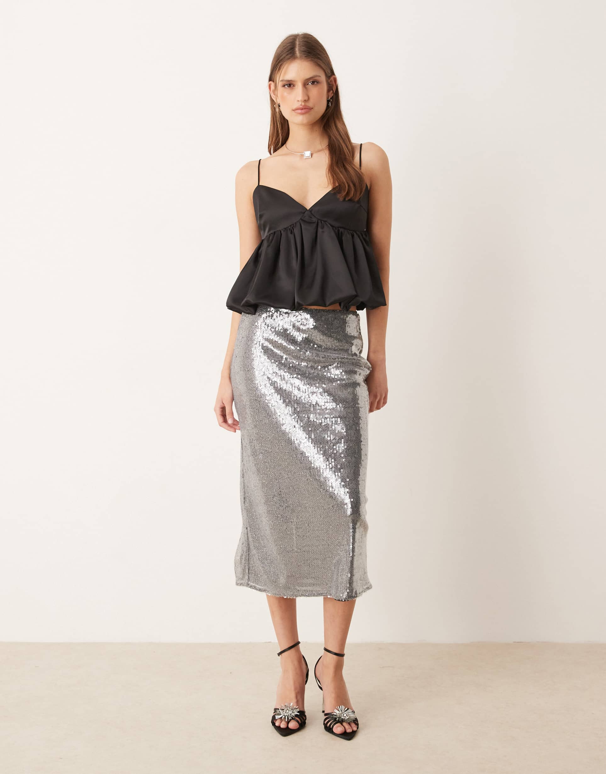 mango micro sequin midi skirt in silver