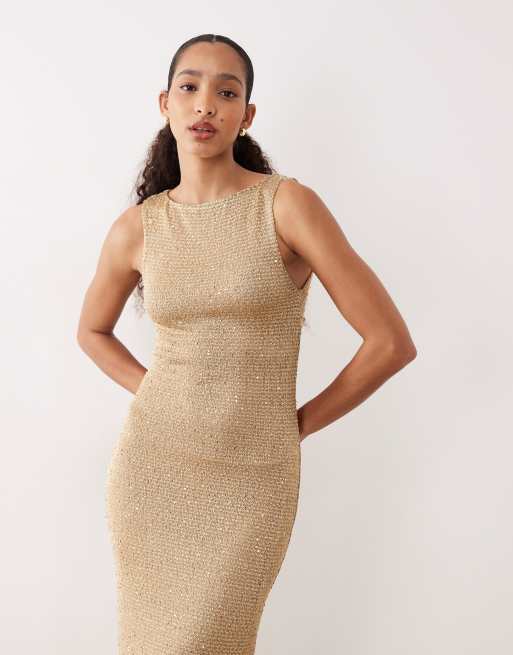 Mango micro sequins midi dress in gold | ASOS