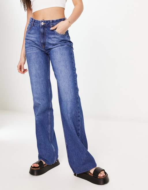 Mango mid rise wide leg jeans in mid blue