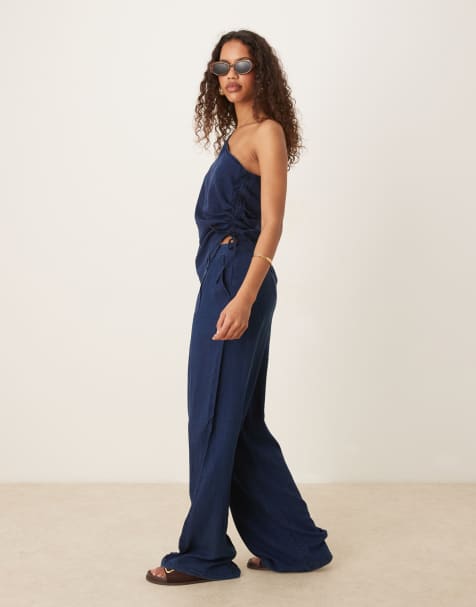 Mango mid waist wide leg trousers co-ord in indigo - view 1