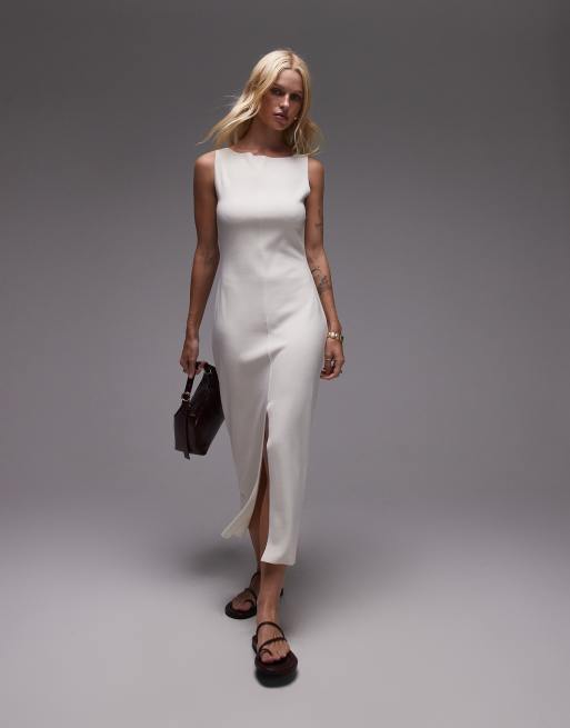 Mango - Midaxi jurk met boothals en split aan de voorkant in lichtbeige