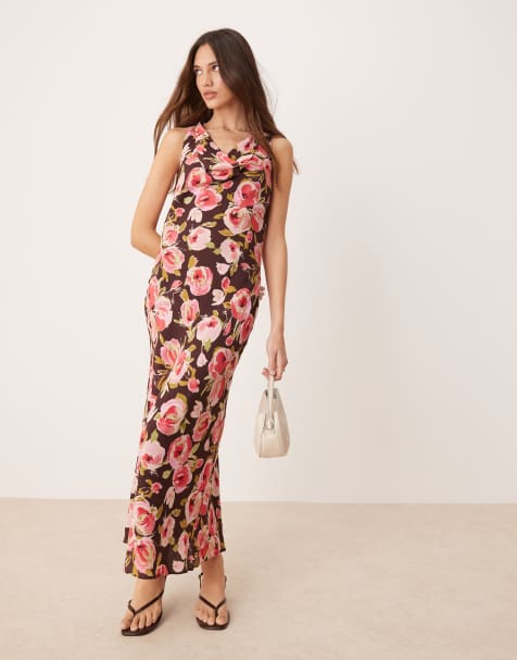 Mango – Midaxi-Kleid in Braun mit Blumenmuster und Wasserfallausschnitt - view 1