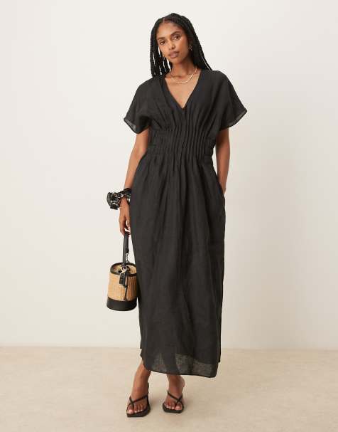 Mango – Midaxi-Kleid in Schwarz aus Ramie-Leinen-Mix mit drapierten Ärmeln, geraffter Plissee-Taille und Seitenschlitz - view 1