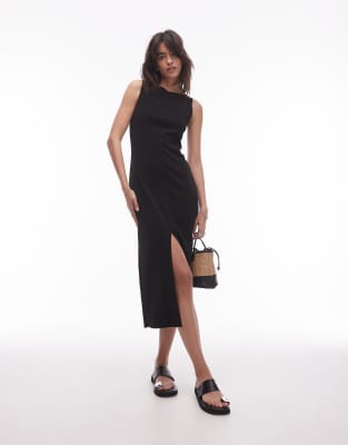 Mango - Midaxi-Kleid in Schwarz mit U-Boot-Ausschnitt und Schlitze vorne