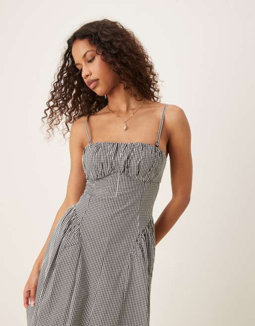 Mango – Midaxikleid in Schwarz mit Vichy-Karos, verstellbaren Trägern und strukturiertem Mieder, 4 von 4