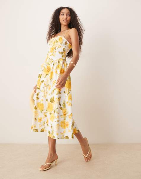 Mango – Midaxikleid mit detailliertem Blumendruck in Gelb und geraffter strukturierter Brustpartie - view 1