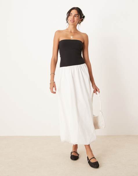 Mango - Midi bandeau-jurk van katoen met bubbelzoom in zwart en wit - view 1