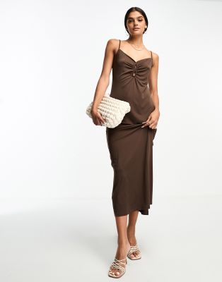 Mango fold over long sleeve bodycon midi dress in brown