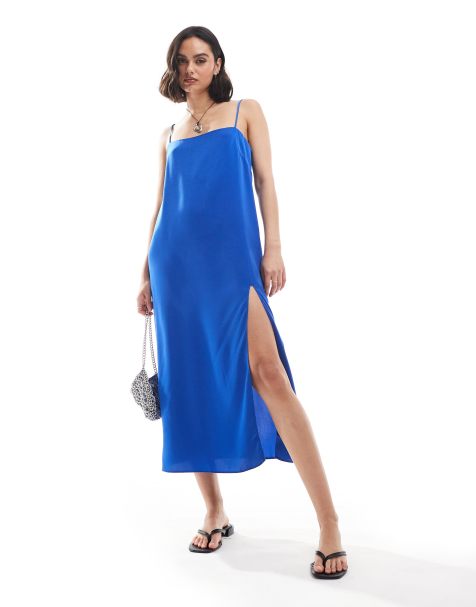 Mango - Midi cami jurk met split aan de voorkant in blauw - view 1