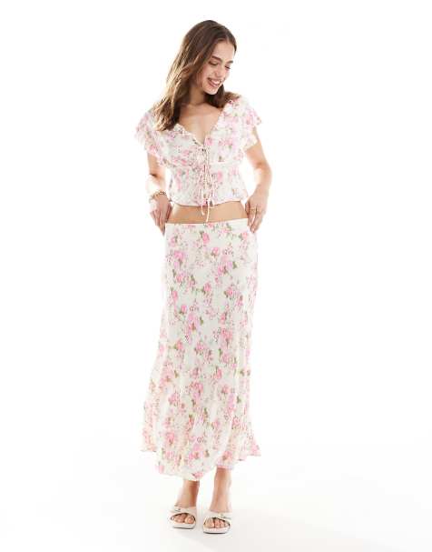 Mango midi floral print co-ord skirt in white - view 1
