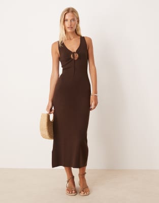 Mango - Midi-Freizeitkleid aus kompaktem Strick in Schokobraun mit Bindedetail