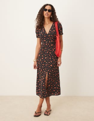 Mango - Midi-Freizeitkleid aus Satin in Schwarz mit V-Ausschnitt und Rosenmuster