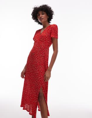 Mango - Midi-Freizeitkleid in Rot mit V-Ausschnitt und Blumenmuster