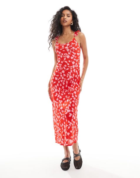 Mango - Midi jurk met bandjes en bloemenprint in rood en roze - view 1