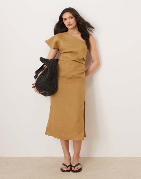 Mango - Midi jurk met blote schouder en gerimpelde taille, van 100% linnen in zandkleur - view 1