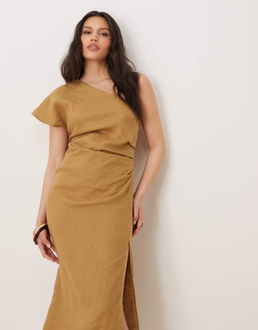 Mango - Midi jurk met blote schouder en gerimpelde taille, van 100% linnen in zandkleur , 4 van 4