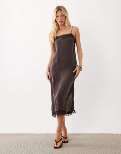 Mango midi-jurk met cami en kanten rand in bruin - view 1