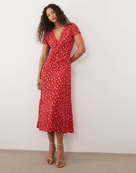 Mango - Midi jurk met gedraaide voorkant, V-hals en bloemenprint in rood - view 1
