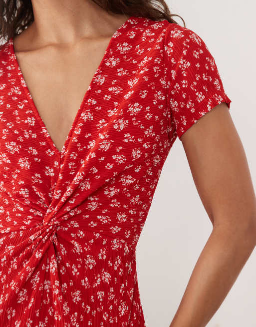 Mango - Midi jurk met gedraaide voorkant, V-hals en bloemenprint in rood, 2 van 4