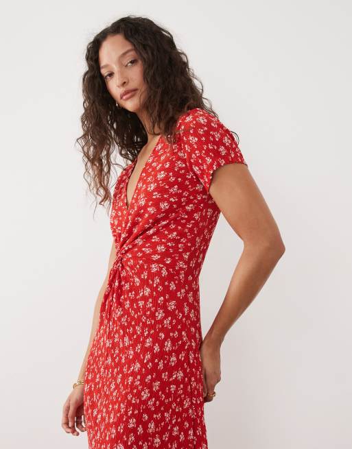Mango - Midi jurk met gedraaide voorkant, V-hals en bloemenprint in rood, 3 van 4