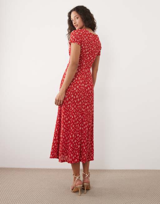 Mango - Midi jurk met gedraaide voorkant, V-hals en bloemenprint in rood, 4 van 4