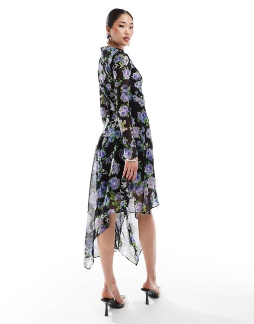 Mango - Midi jurk met hoge split en bloemenprint in zwart