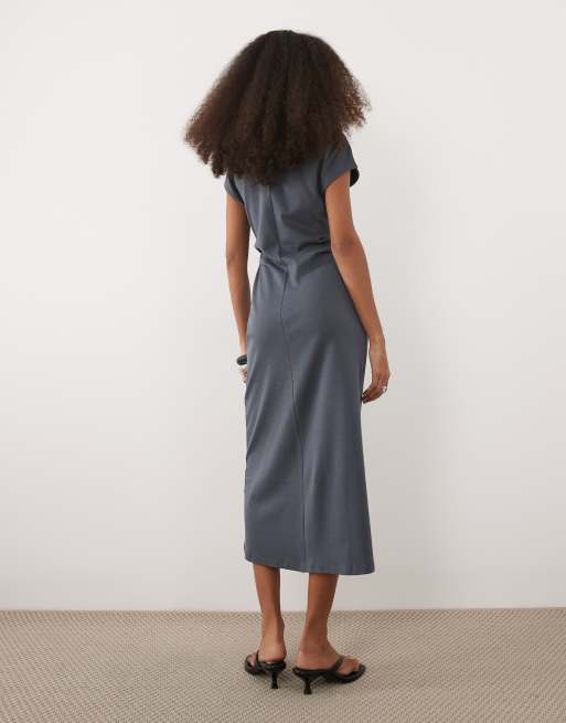 Mango - Midi jurk met kapmouwtjes en gerimpelde taille in oudblauw, 4 van 4