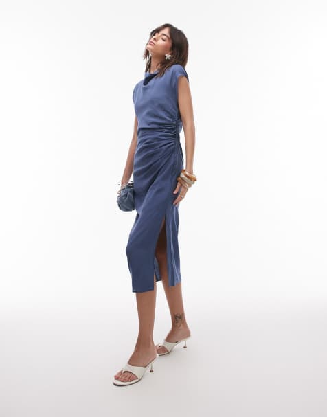 Mango - Midi jurk met kapmouwtjes en gerimpelde zijkanten in petrolblauw - view 1