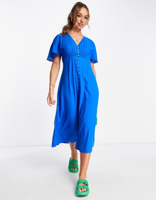 Mango - Midi-jurk met knoopsluiting en V-hals in helderblauw 