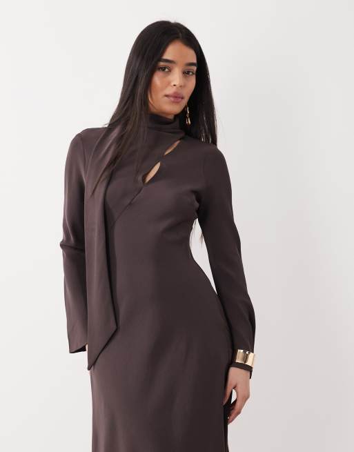 Mango - Midi jurk met lange mouwen en sjaaldetail in bruin, 2 van 4