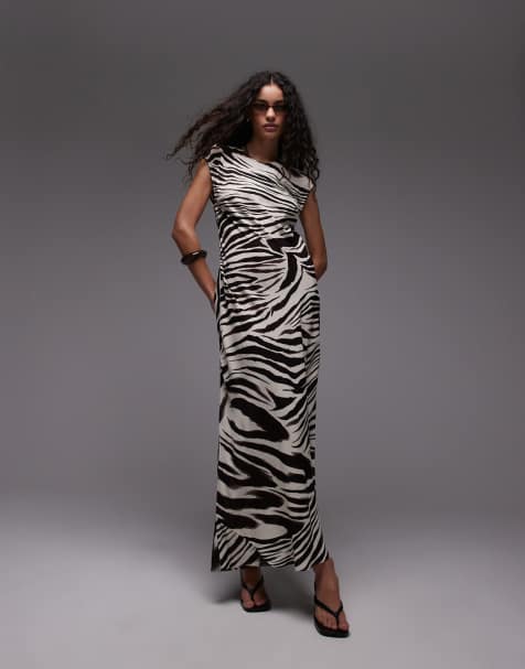 Mango - Midi-jurk met rechte hals en gemengde zebraprint in wit - view 1