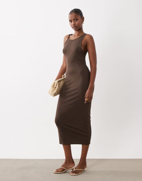 Mango - Midi jurk van jersey met gedraaide bandjes in bruin - view 1