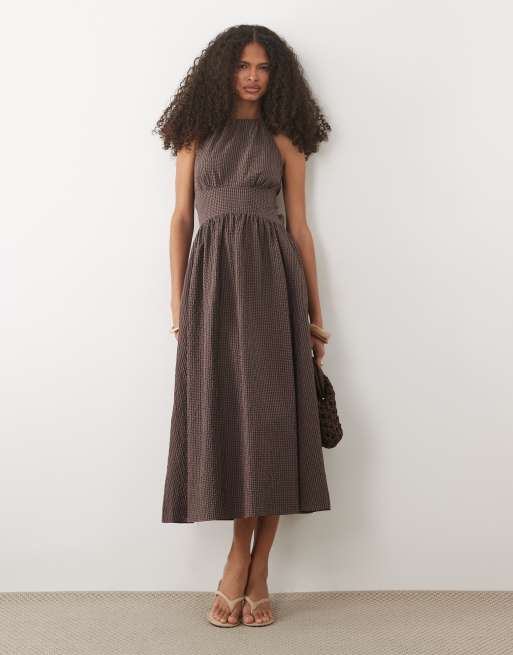 Mango - Midi jurk van katoenmix met halternek en gingham ruit in bruin, 2 van 4