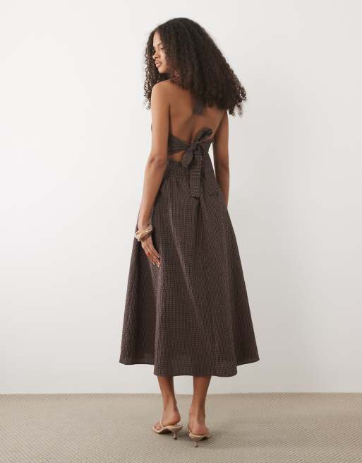 Mango - Midi jurk van katoenmix met halternek en gingham ruit in bruin, 4 van 4