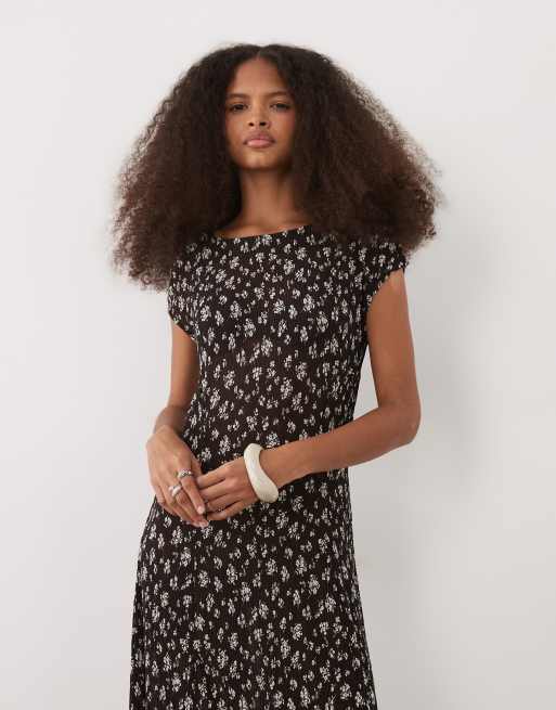 Mango - Midi jurk van kreukelstof met kapmouwtjes en bloemenprint in bruin, 2 van 4
