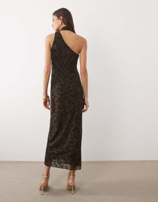 Mango - Midi jurk van velours met enkele mouw en halsdetail in bruin, 3 van 4