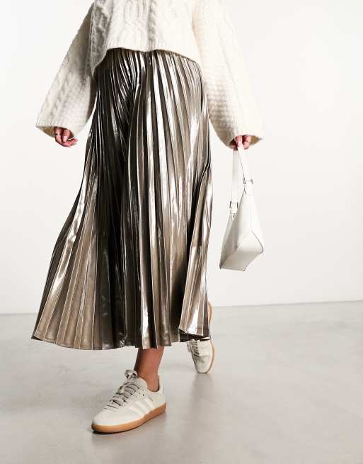 Mango midi metallic pleat skirt in gold