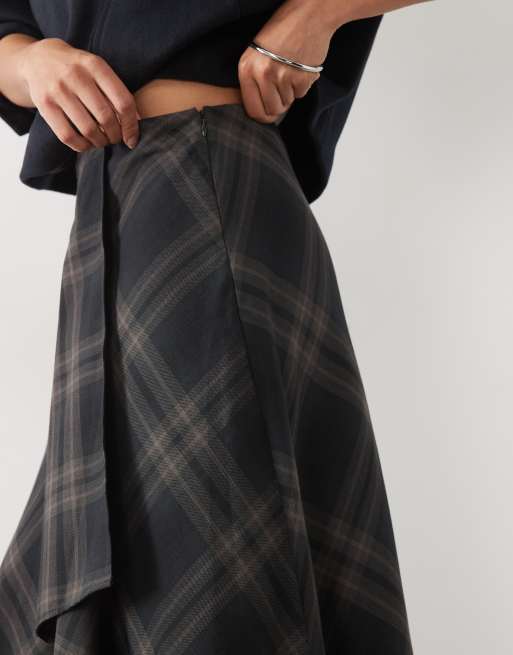 Mango midi-nederdel med hanky-kant i grå og marineblåt tern, 5 af 5