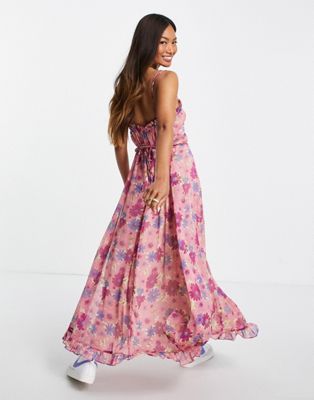 Mango – Midi-Riemchenkleid in Rosa mit Detail im Brustbereich