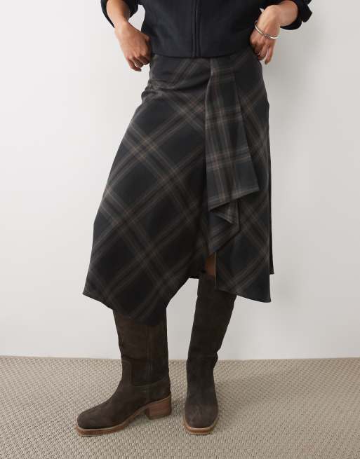 Mango midi rok met puntzoom in grijs en marineblauwe ruit, 2 van 5