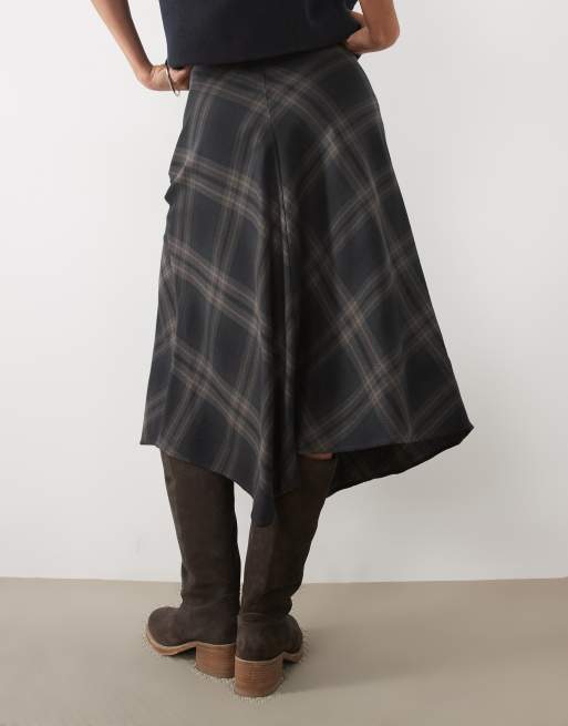 Mango midi rok met puntzoom in grijs en marineblauwe ruit, 4 van 5