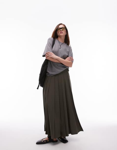 Mango - Midi rok met split en plooi in kaki - view 1