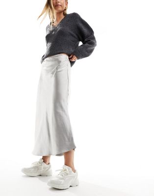 Shop Mango Midi Satin Skirt In Silver