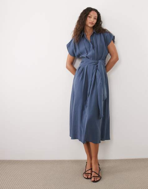 Mango midi shirt dress with tie waist in dusty blue - view 1