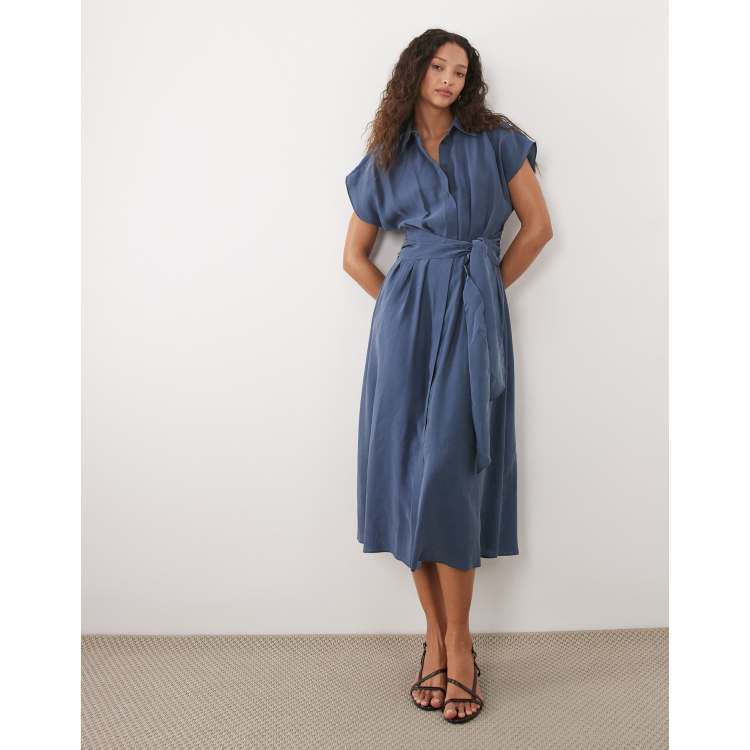 Mango midi shirt dress with tie waist in dusty blue | ASOS
