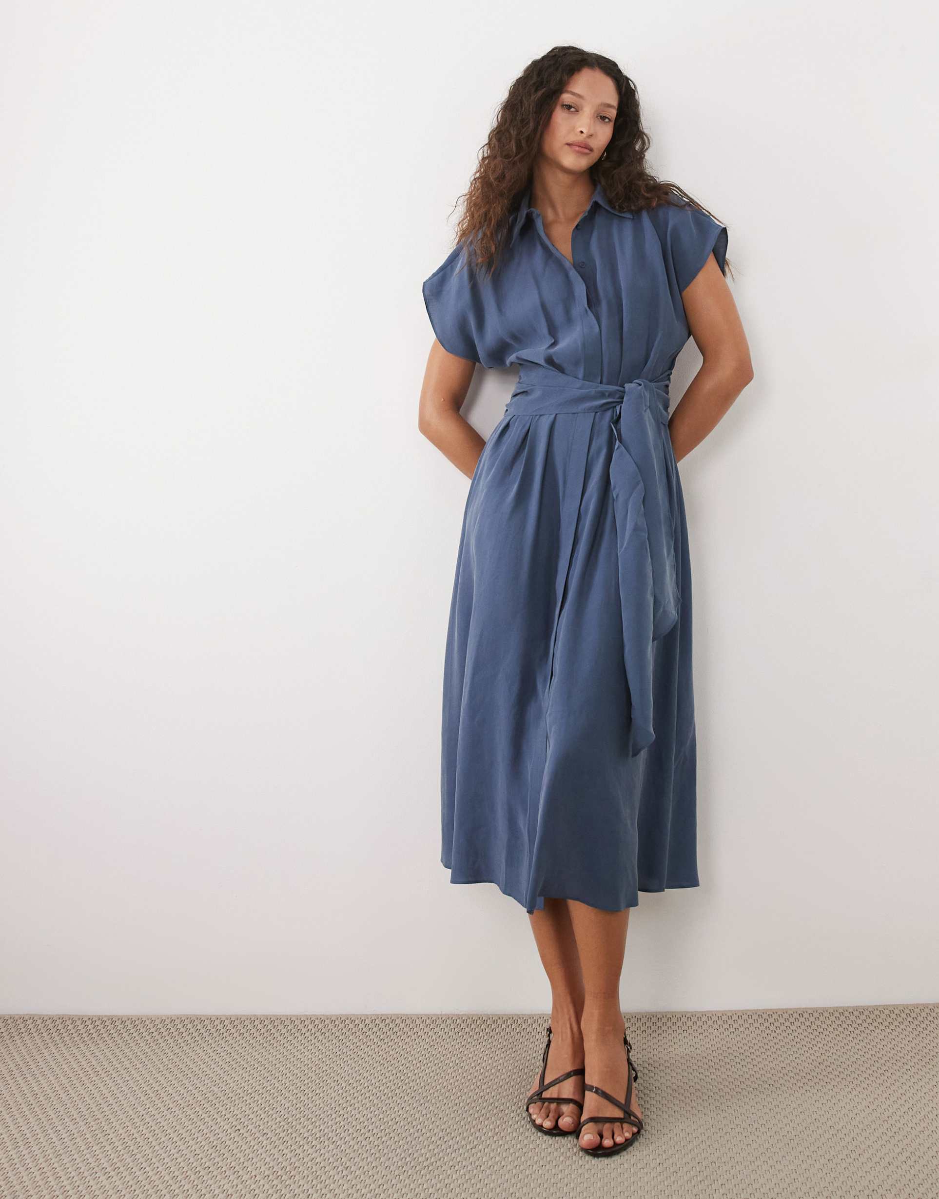mango midi shirt dress with tie waist in dusty blue