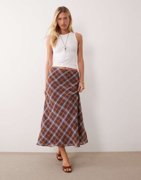 Mango midi slip-nederdel i brun ternet print - view 1