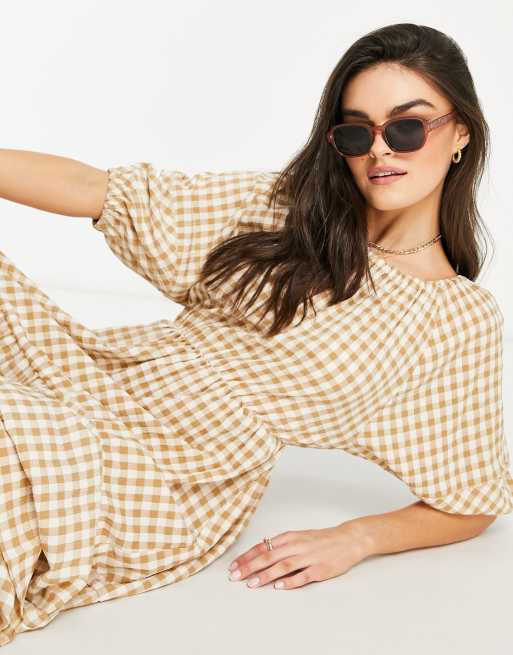 Mango midi smock dress in beige check, 3 of 4